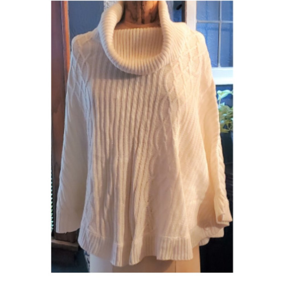 Cream Cable Knit Sweater Poncho with Silver Thread